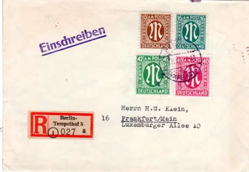 1946, 10+16+40+42 Pf. auf portorichtigem Einschreiben Brief v. Berlin-Tempelhof