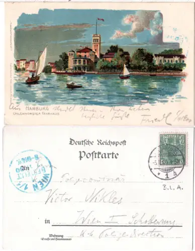 DR 1900, 5 Pf. Germania m. perfin Firmenlochung B.L.A. auf Litho AK v. Hamburg