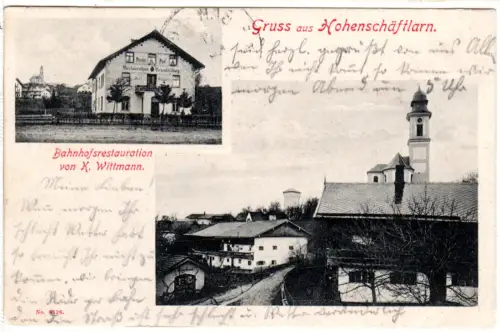 Gruss aus Hohenschäftlarn m. Bahnhofs Gaststätte, 1907 gebr. sw-AK