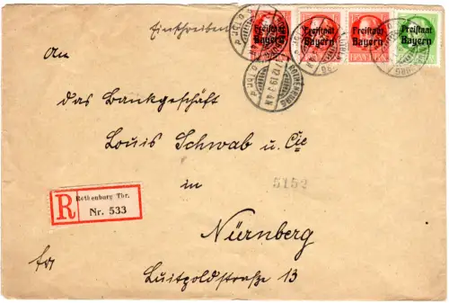 Bayern 1919, 5+3x15 Pf. Freistaat auf Einschreiben-Brief v. Rothenburg Tbr.