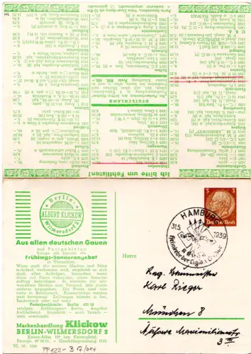 DR, 1939 gebr. 3 Pf. Privatganzsache Klappkarte Klickow Berlin