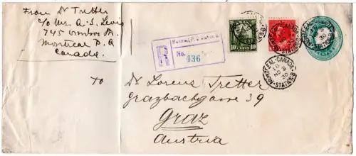 Kanada 1930 3+10 C. Zusatzfr. auf eingeschr. 2 C. Ganzsachenumschlag v. Montreal