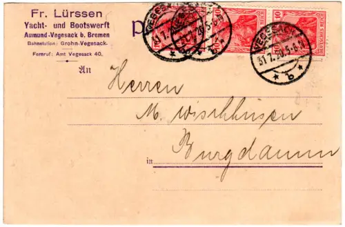 DR 1920, MeF 3x10 Pf. Germania auf Karte Yacht- u. Bootswerft Aumund-Vegesack
