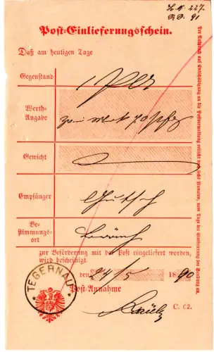 DR 1890, K1 Tegernau klar auf Post Einlieferungsschein f. eine Postanweisung