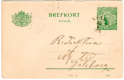Schweden 1914, 5 öre Antwortteil Ganzsache v. Asarum n. Göteborg