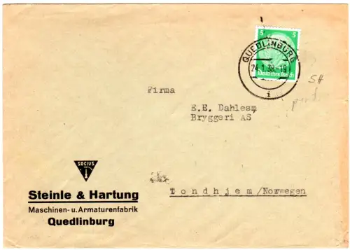 DR 1938, 5 Pf. m. perfin auf Firmenbrief v. Quedlinburg n. Norwegen.