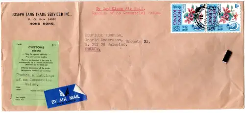 Hong Kong 1971, 2x65 C. on sample without value 2nd class Air Mail to Sweden