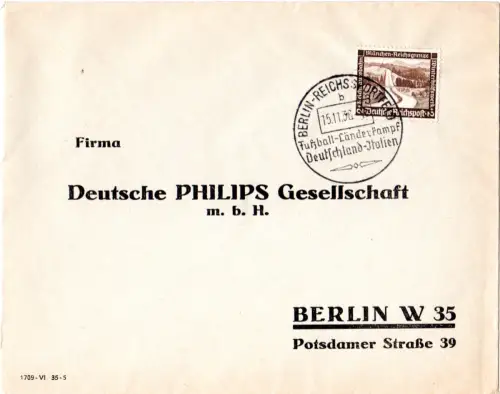 DR 1936, Bief m. Berlin Fussball Sonderstempel Länderkampf Deutschland - Italien