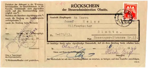 Böhmen u. Mähren 1944, 80 H. Dienst auf Rückschein Formular v. Olmütz