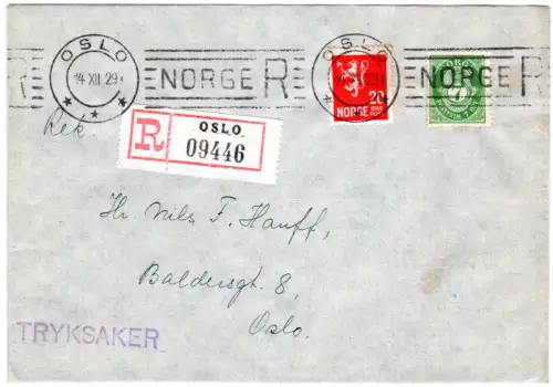 Norwegen 1929, OSLO NORGE R Reko Maschinen Stpl. auf Drucksache m. 7+20 öre