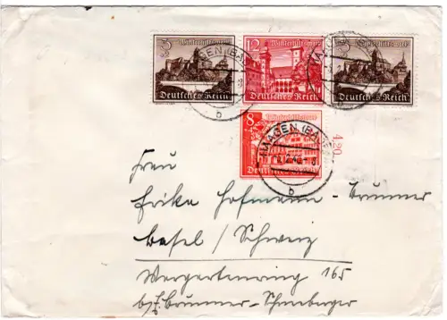 DR 1940, 8+Zusdruck 3+12+3 Pf. WHW auf Zensur Brief v. Haagen Baden i.d. Schweiz