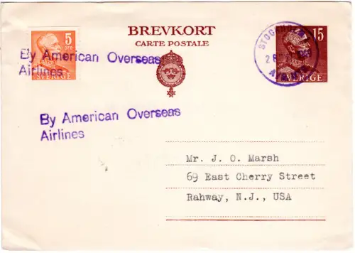 Schweden 1949, 5 öre auf 15 öre Luftpost Ganzsache v. Stockholm n. USA