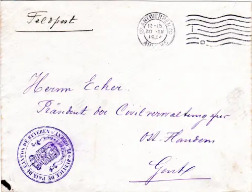 Belgien 1914. Feldpost Brief v. Antwerpen m. Briefstempel Justice De Paix