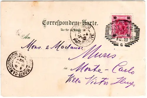 Österreich 1902, 10 H. auf Farb-AK m. 10 H. v. Meran n. Monte-Carlo, Monaco