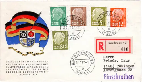 Saarland 1.1.1957, 5 Werte Heuss auf Einschreiben FDC. Schöner Ersttagsbrief