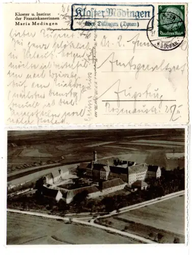 DR 1936, Landpost Stpl. KLOSTER MÖDINGEN über DIllingen auf sw-AK m. 6 Pf. 