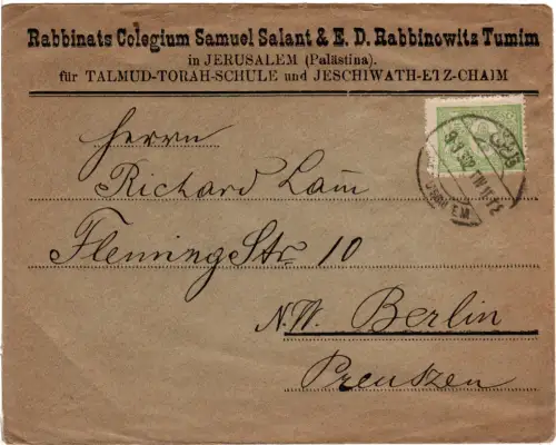 Türkei Palestina 1902, Rabbinats Colegium Brief m. 10 Pa. v. Jerusalem n. Berlin
