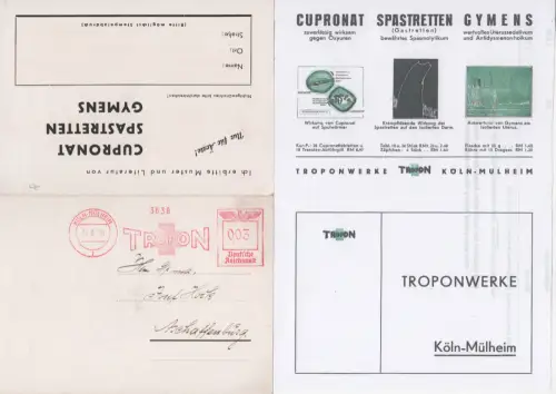DR 1938, 3 Pf. AFSt. TROPON auf Pharmazie Klappkarte v. Köln-Mülheim