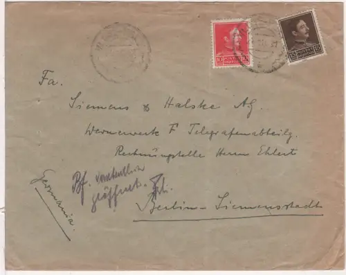 Albanien 1931, 10+15 Q. auf Brief v. Vlone-Port an Siemens & Halske Berlin