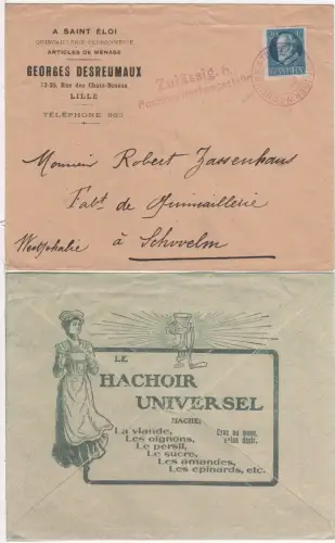 Bayern, WK I Nordfrankreich, 20 Pf. auf Zensur Brief v. Lille 