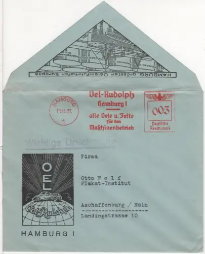 DR 1937, 3 Pf. AFSt. Oel-Rudolph...Maschinenbetreb auf Brief v. Hamburg