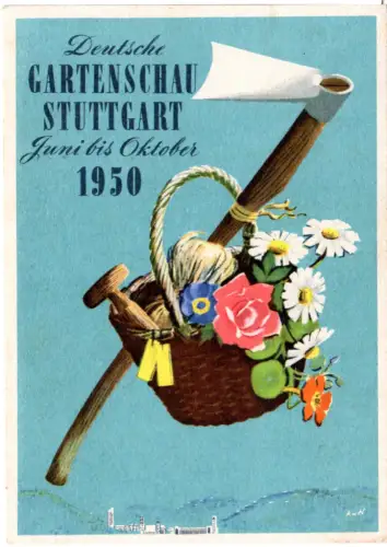 Stuttgart, Deutsche Gartenschau 1950, schön gestaltete Künstler-Farb-AK