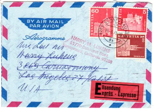 Schweiz 1971, 1,20 Fr.+5+60 C. auf Eilboten Luftpost Brief v. Schaffhausen