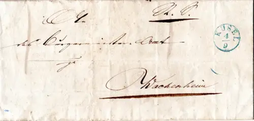 Bayern 1840, grüner Fingerhutstpl. Kusel auf Brief v. Neunkirchen n. Wachenheim