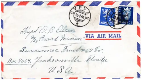 Norwegen 1946, 1 1/2 Kr.+30 öre auf Luftpost Brief v. Dypvag n. USA