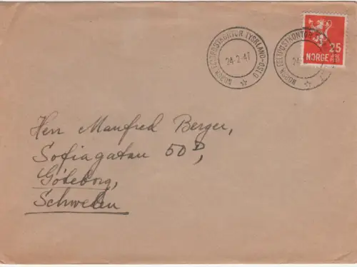Norwegen 1947, K2 NORSK FELTPOSTKONTOR TYSKLAND-OSLO auf Brief v. Göttingen 