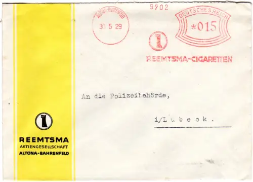 DR 1929, 15 Pf. AFSt. Reemtsma Cigaretten auf Firmen Brief v. Altona-Bahrenfeld