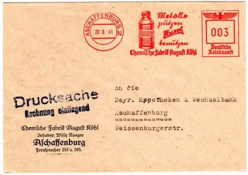 DR 1941, 3 Pf. AFSt. Metalle putzen Kusol benutzen auf Brief v. Aschaffenburg