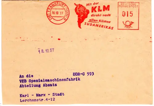 BRD 1957, 15 Pf. AFSt. Mit der KLM direkt...auf Briefteil v. Frankfurt