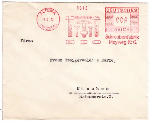DR 1933, 4 Pf. AFSt. Schraubenfabrik Mayweg K.-G. auf Brief v. Altena