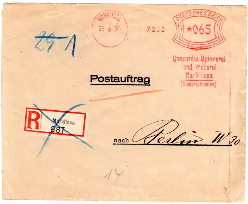 DR 1930, 65 Pf. AFSt. Concordia Spinnerei...auf Postauftrag Brief v. Marklissa