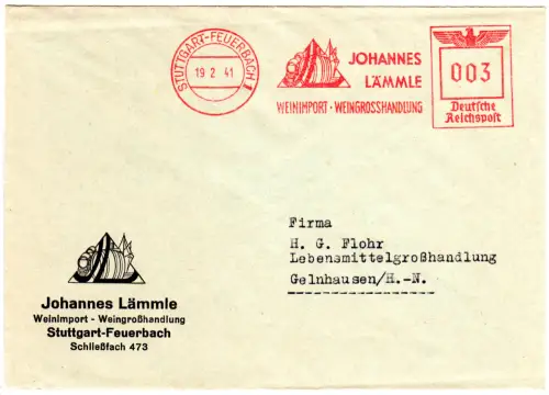 DR 1941, 3 Pf. AFSt. Johannes Lämmle Weinimport...auf Brief v. Stuttgart