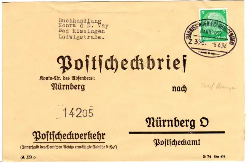 DR 1936, 5 Pf. auf Postscheck Brief m. Bahnpost Bad Kissingen-Ebenhausen (UFR)