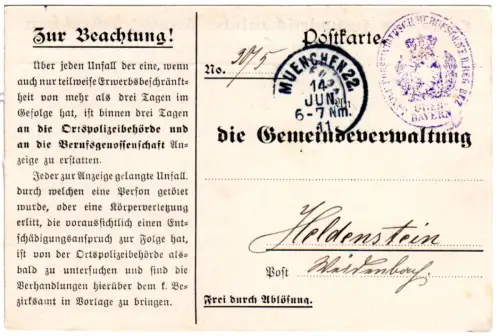 Bayern 1911, portofreie Karte d. Land-/Forstwitsch. Berufsgenossenschaft München