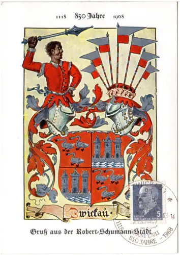 850 Jahre Zwickau, Gruß aus der Robert-Schumann-Stadt, AK m. Sonderstpl.