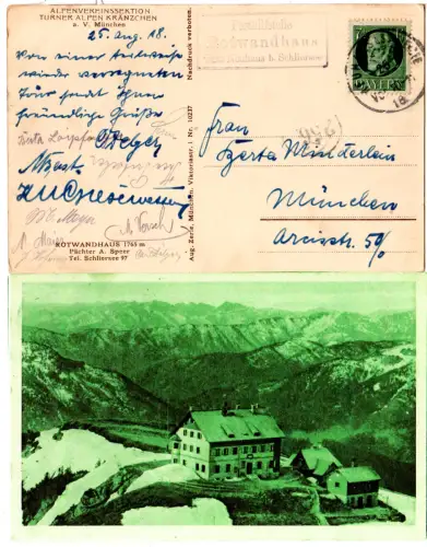 Bayern 1918, Posthilfstelle Rotwandhaus Taxe Neuhaus auf entspr. sw-AK m. 5 Pf. 