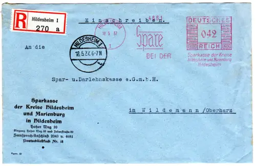 DR 1937, 38 Pf. AFSt. Spare bei der Sparkasse auf Reko Brief v. Hildesheim