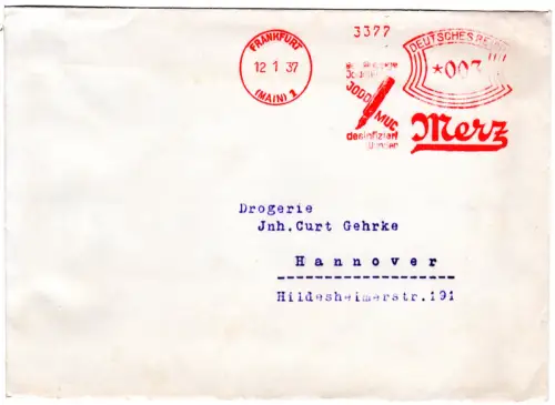 DR 1937, 3 Pf. AFSt. Merz Jodo Muc desinfiziert Wunden auf Brief v. Frankfurt