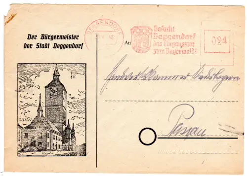 1946, 24 Pf AFSt. Besucht Deggendorf... auf illustriertem Bürgermeister Brief 