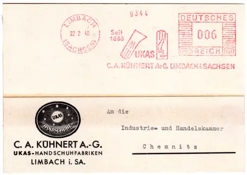DR 1940, 6 Pf. AFSt. UKAS, C.A. Kühnert AG auf Firmenkarte v. Limbach (Sachsen)