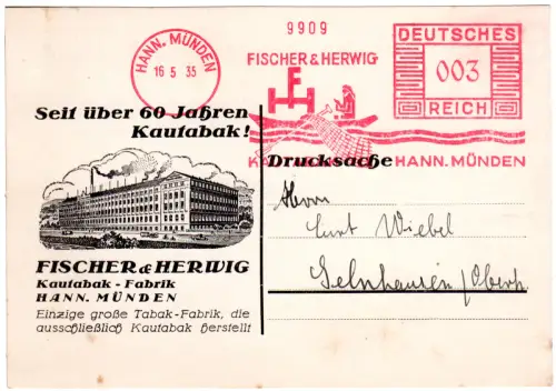 DR 1935, 3 Pf. AFSt. Fischer & Herwig Kautabak...auf Firmenkarte v. Hann. Münden