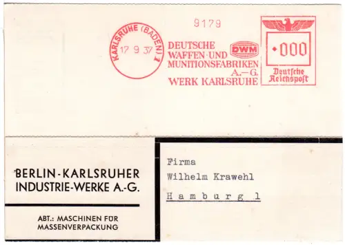 DR 1937, AFSt. Dt. Waffen- u. Munitionsfabriken AG auf Firmenkarte v. Karlsruhe