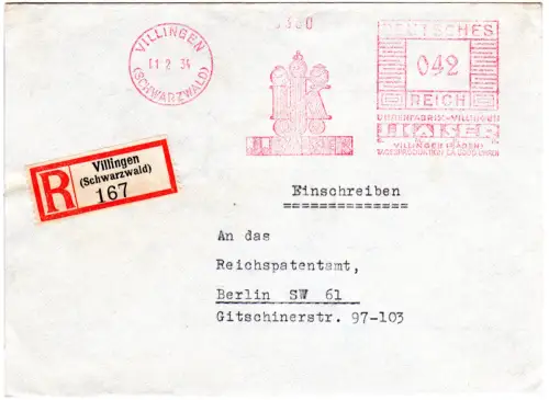 DR 1934, 42 Pf. AFSt. Uhrenfabrik J. Kaiser auf Einschreiben Brief v. Villingen