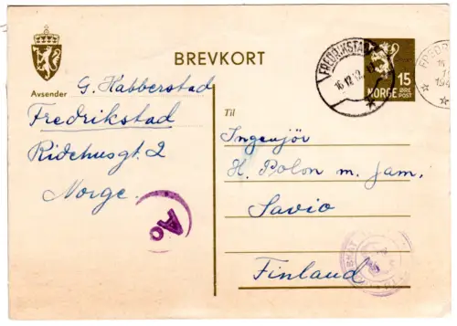 Norwegen 1942, 15 öre Ganzsache v. Fredrikstad m. Oslo u. Finnland Doppelzensur