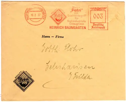 DR 1937, 3 Pf. AFSt. Petri...fischindustr. Erzeugnisse auf Brief v. Wesermünde