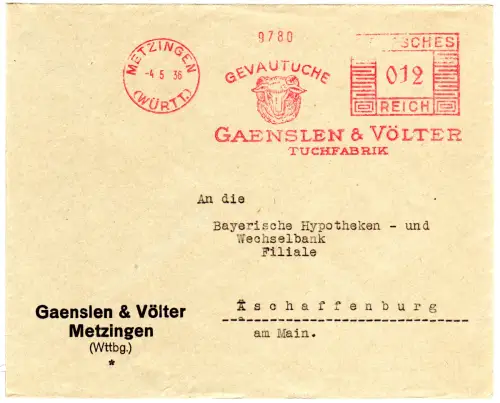 DR 1936, 12 Pf. AFSt. ...Gaenslen & Völter Tuchfabrik auf Brief v. Metzingen